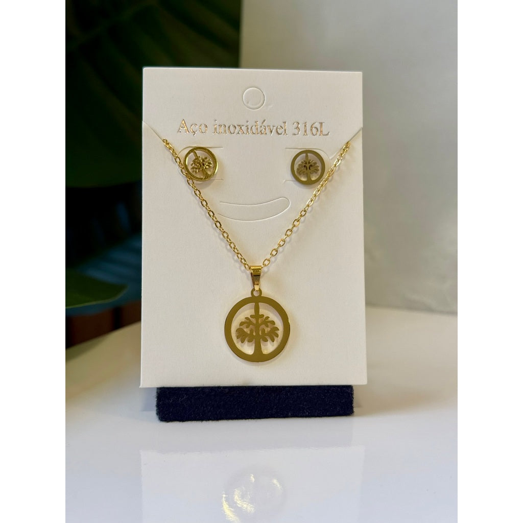 Colar feminino com Brinco Árvore da Vida em Aço Inoxidável 316L