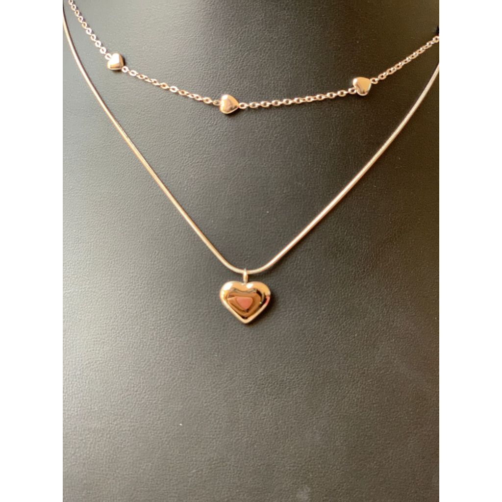 Colar Feminino duplo Corações em Aço Inoxidável