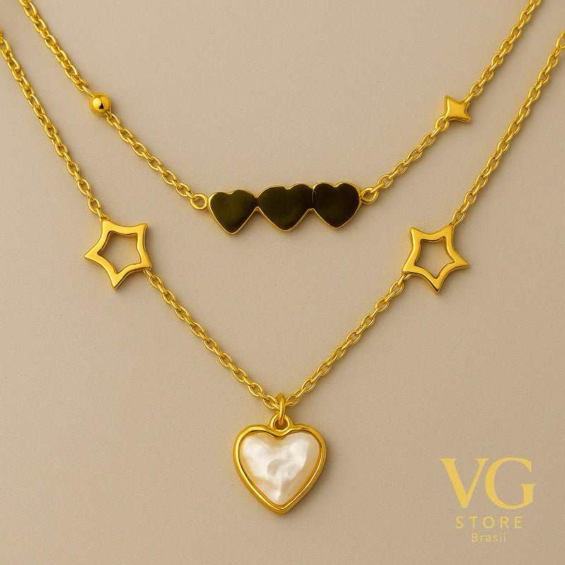 Colar feminino duplo corações e estrelas - Aço Inoxidável