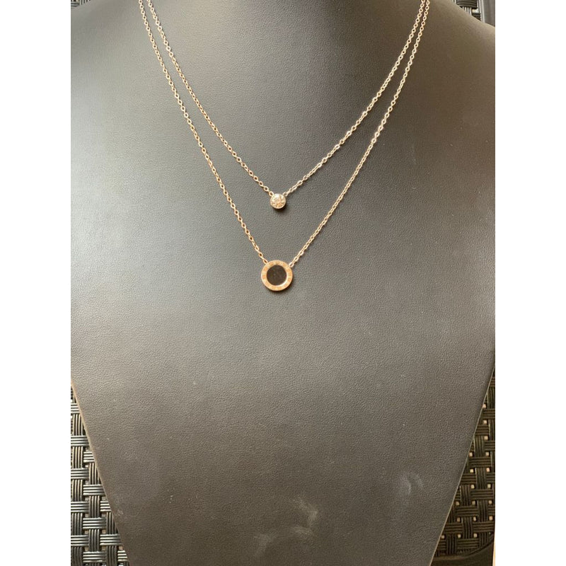 Colar feminino duplo com pedra e pingente circular esmaltado Aço Inoxidável