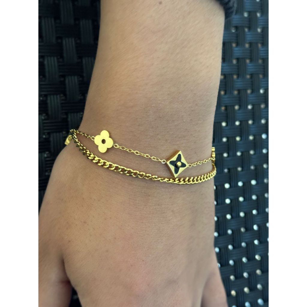 Pulseira Feminina Dupla Elo e Pingentes Flor de Aço