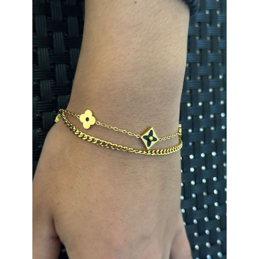 Pulseira Feminina Dupla Elo e Pingentes Flor de Aço