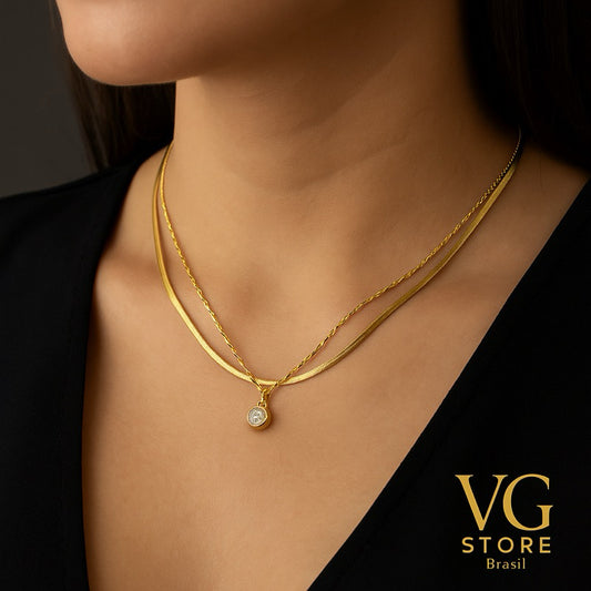 Colar Feminino Duplo com Ponto de Luz – Aço Inoxidável