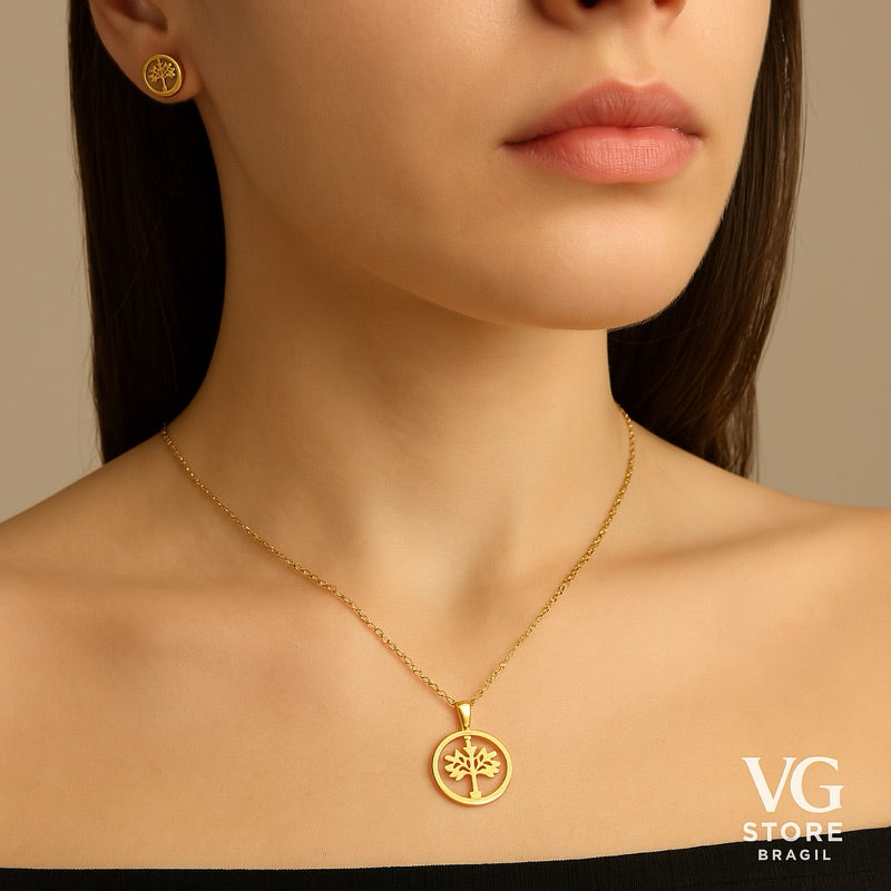 Colar feminino com Brinco Árvore da Vida em Aço Inoxidável 316L