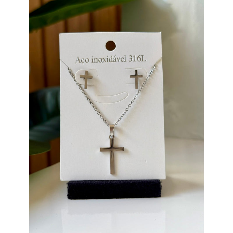Colar feminino crucifixo Elegância Divina - Colar e Brincos em Aço Inoxidável