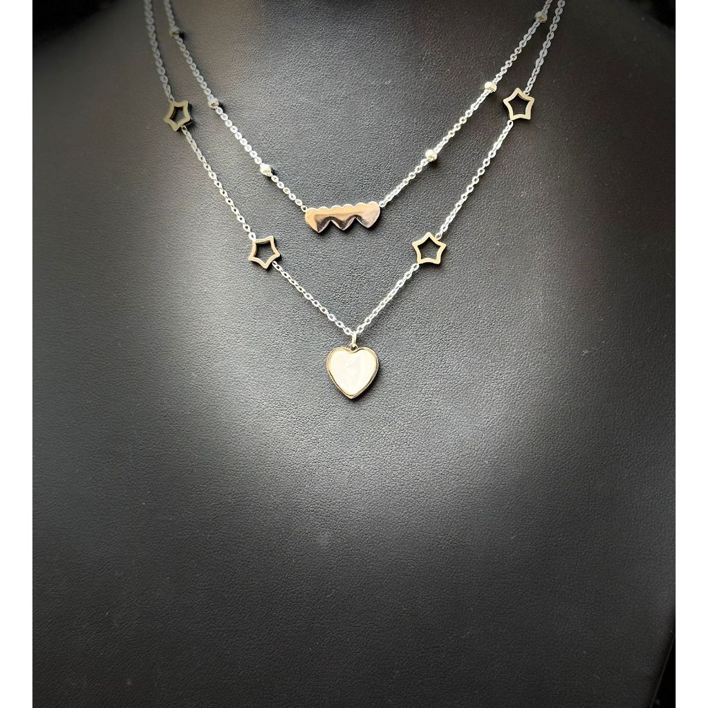 Colar feminino duplo corações e estrelas - Aço Inoxidável