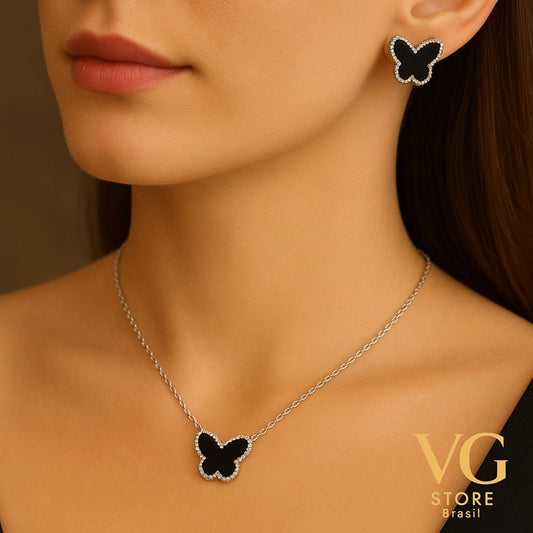Colar de Borboleta com Brilho - Aço Inoxidável