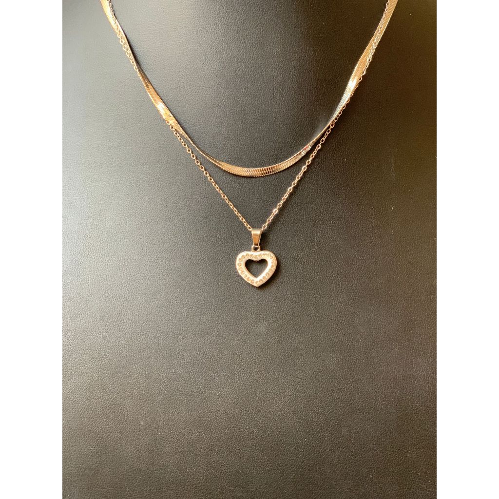 Colar feminino duplo pingente de coração cravejado - Aço Inoxidável