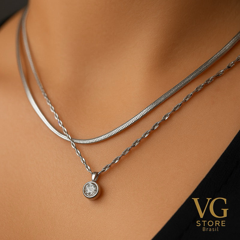 Colar Feminino Duplo com Ponto de Luz – Aço Inoxidável