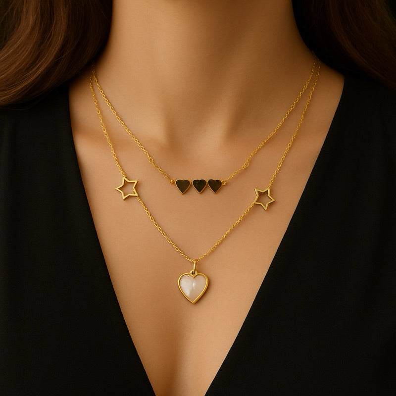 Colar feminino duplo corações e estrelas - Aço Inoxidável