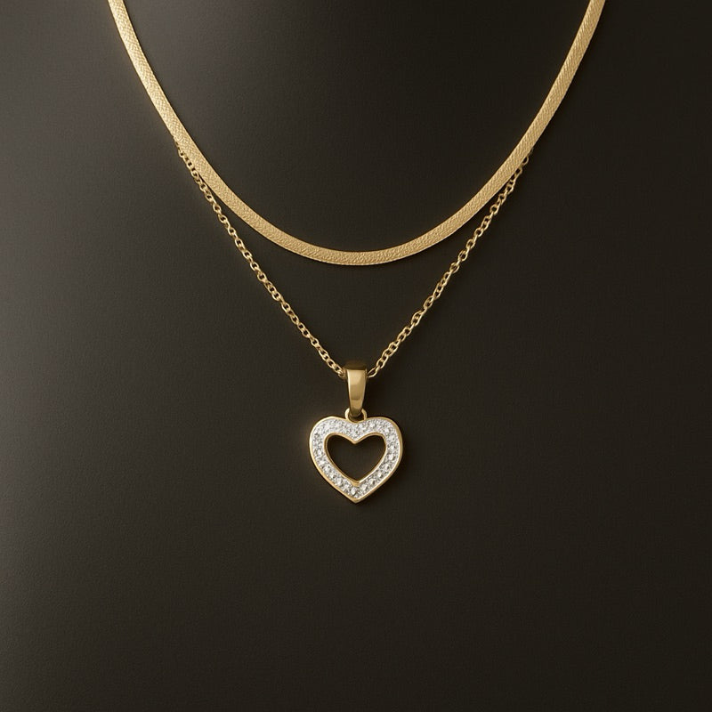 Colar feminino duplo pingente de coração cravejado - Aço Inoxidável