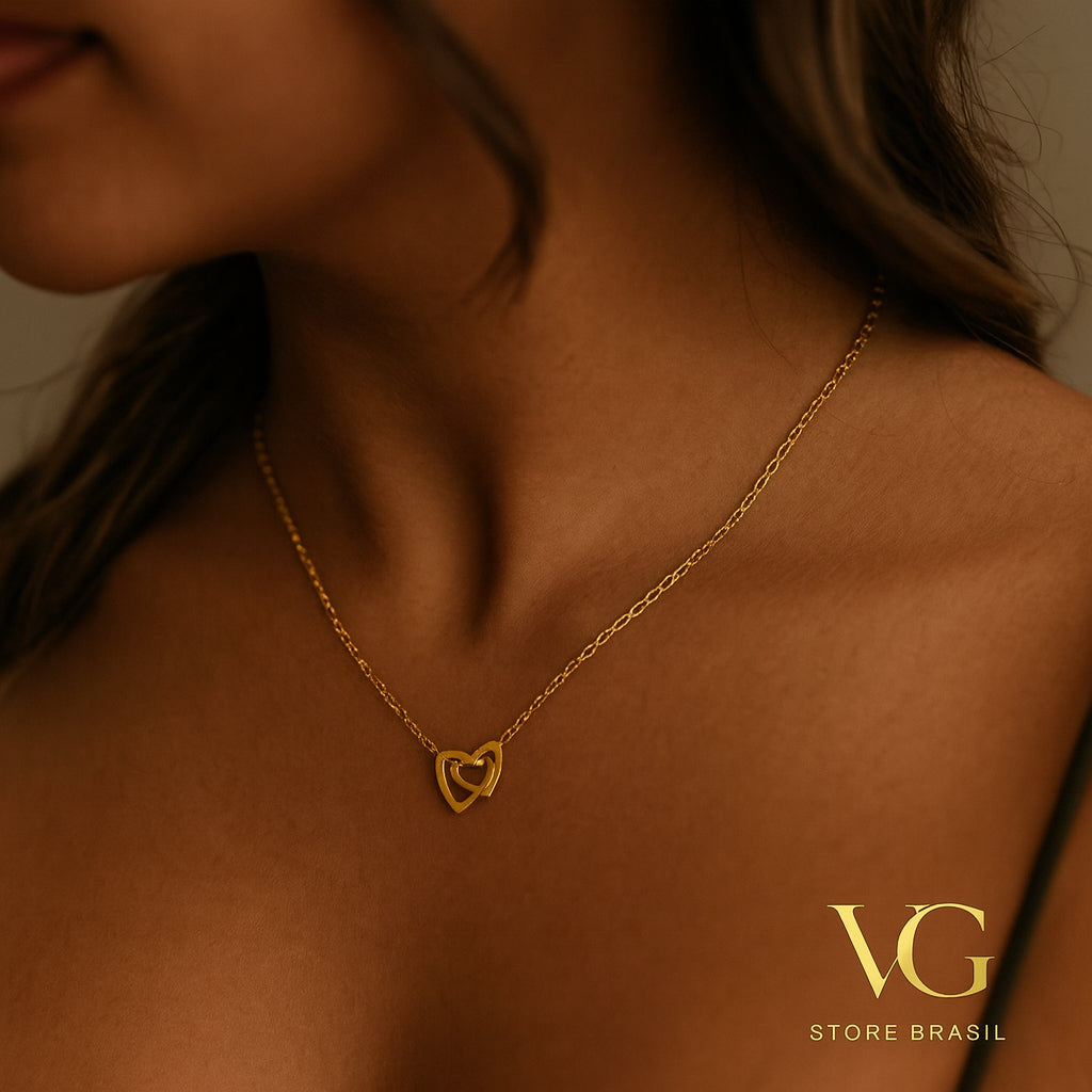 Colar feminino corações entrelaçados - Aço Inoxidável