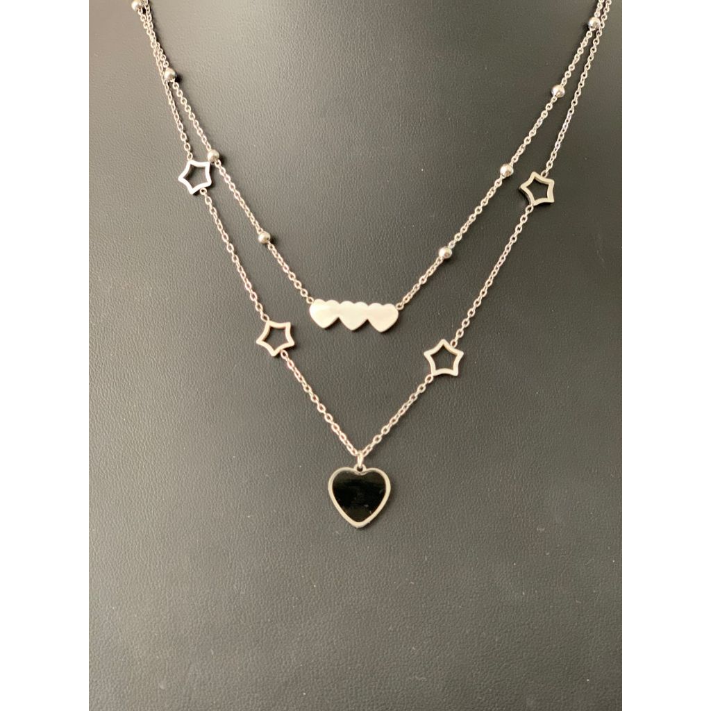 Colar Feminino Duplo Corações e Estrelas – Aço Inoxidável