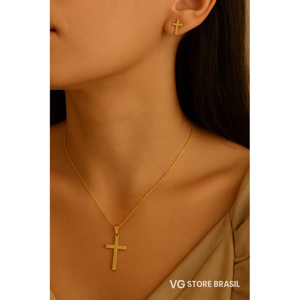 Colar feminino crucifixo Elegância Divina - Colar e Brincos em Aço Inoxidável