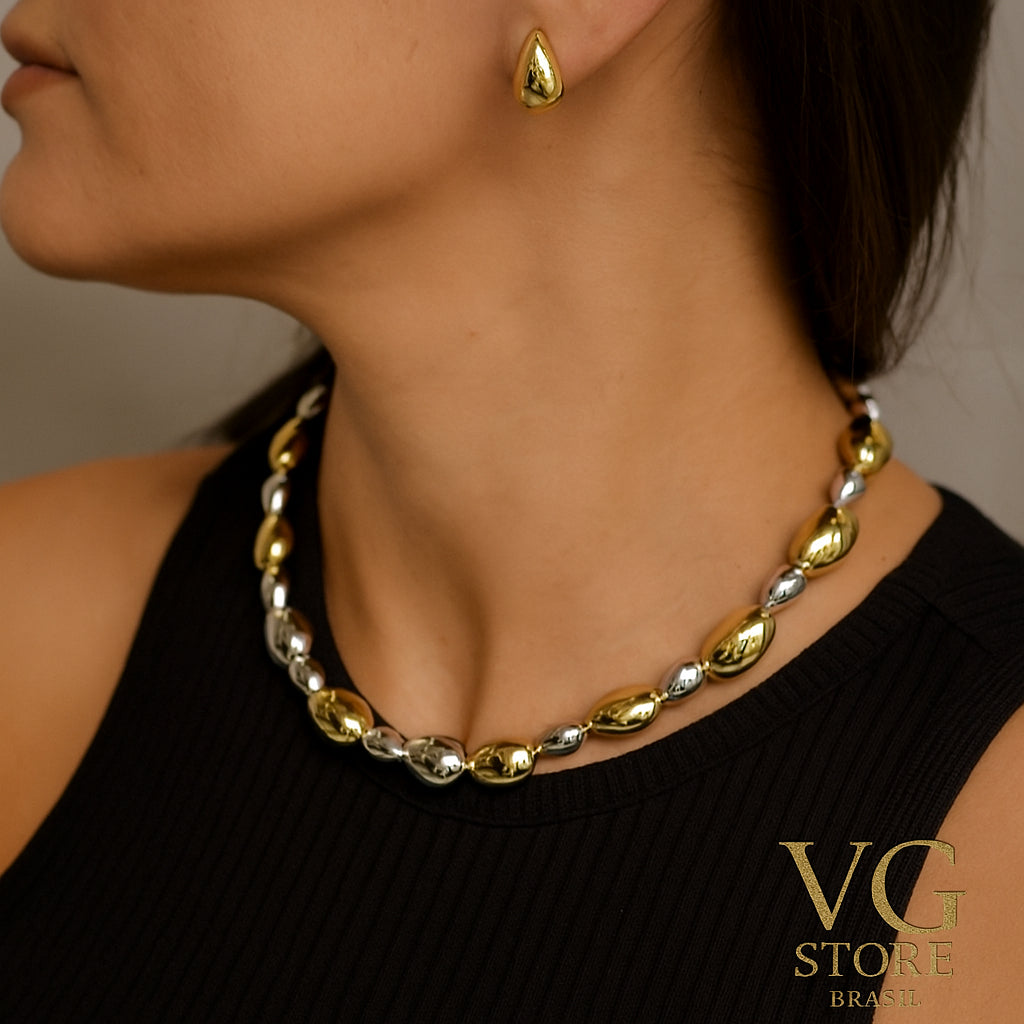 Colar e Brincos feminino Gota Metalizado – Luxo e Sofisticação
