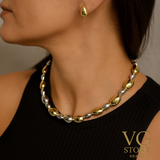 Colar e Brincos feminino Gota Metalizado – Luxo e Sofisticação