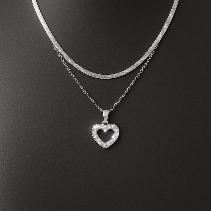 Colar feminino duplo pingente de coração cravejado - Aço Inoxidável