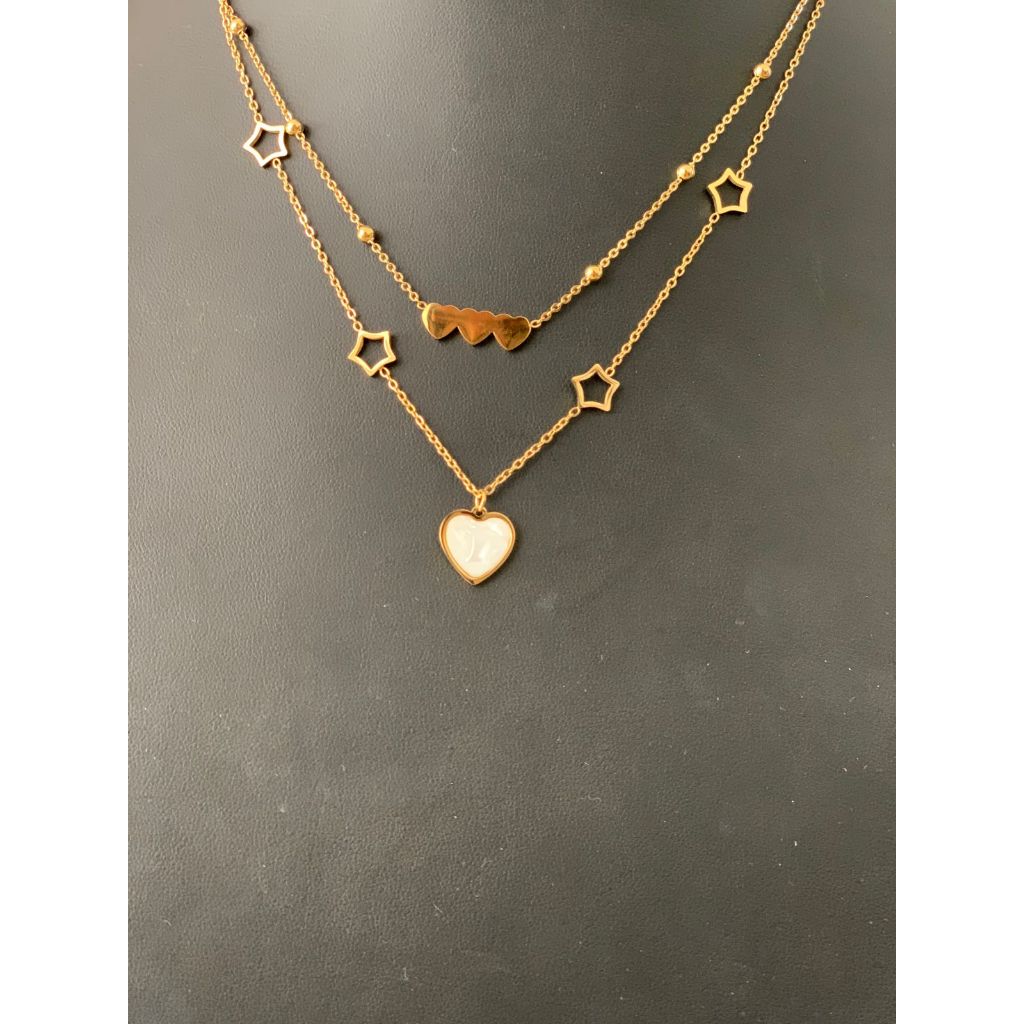 Colar Feminino Duplo Corações e Estrelas – Aço Inoxidável