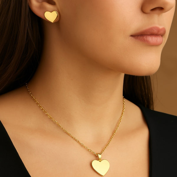 Colar feminino com brinco Coração em Aço Inoxidável 316L – Amor e Sofisticação em Cada Detalhe