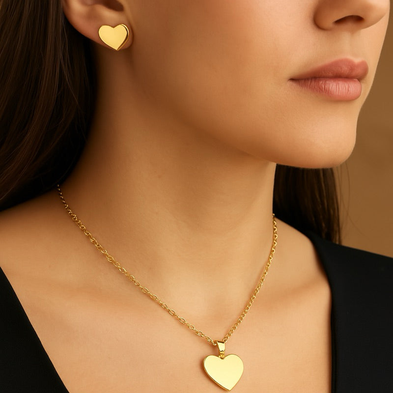 Colar feminino com brinco Coração em Aço Inoxidável 316L – Amor e Sofisticação em Cada Detalhe