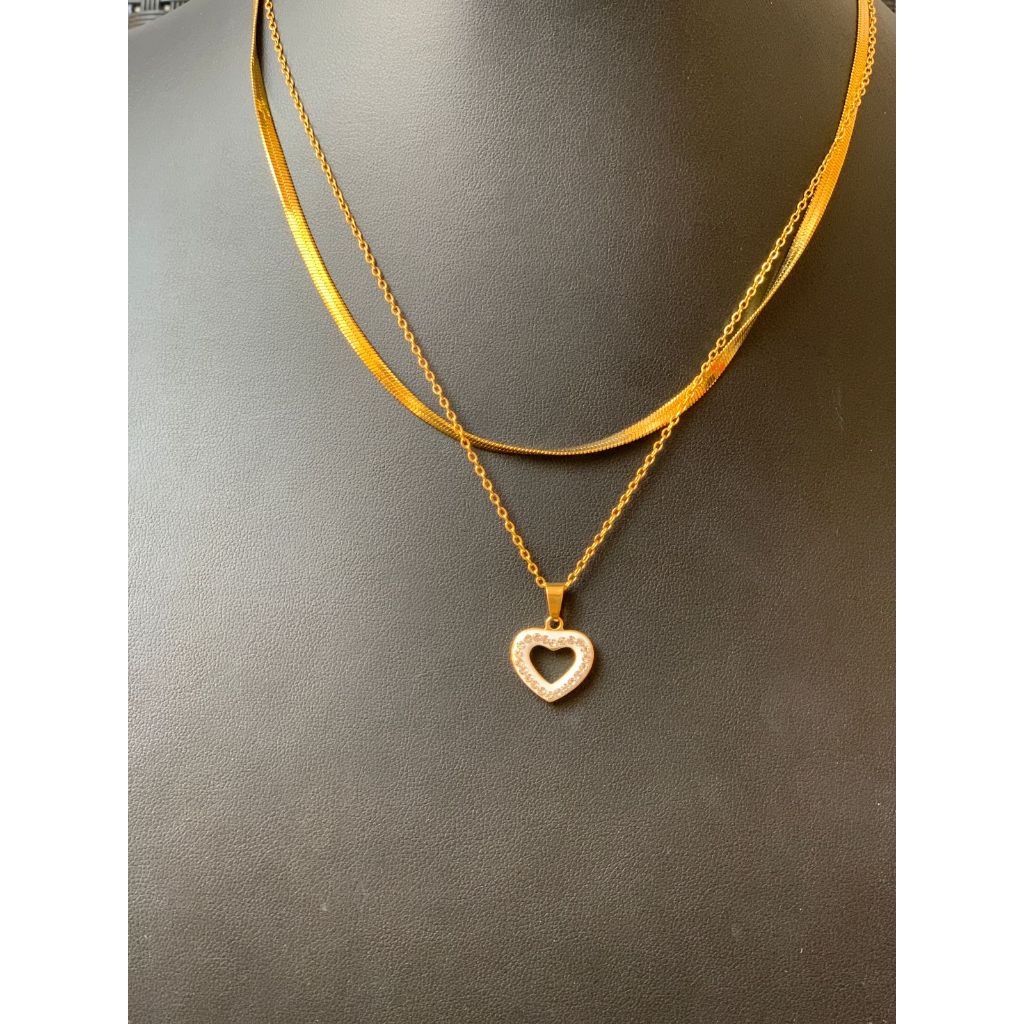Colar feminino duplo pingente de coração cravejado - Aço Inoxidável