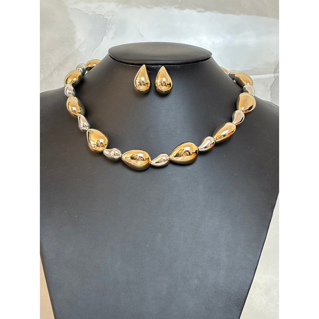 Colar e Brincos feminino Gota Metalizado – Luxo e Sofisticação