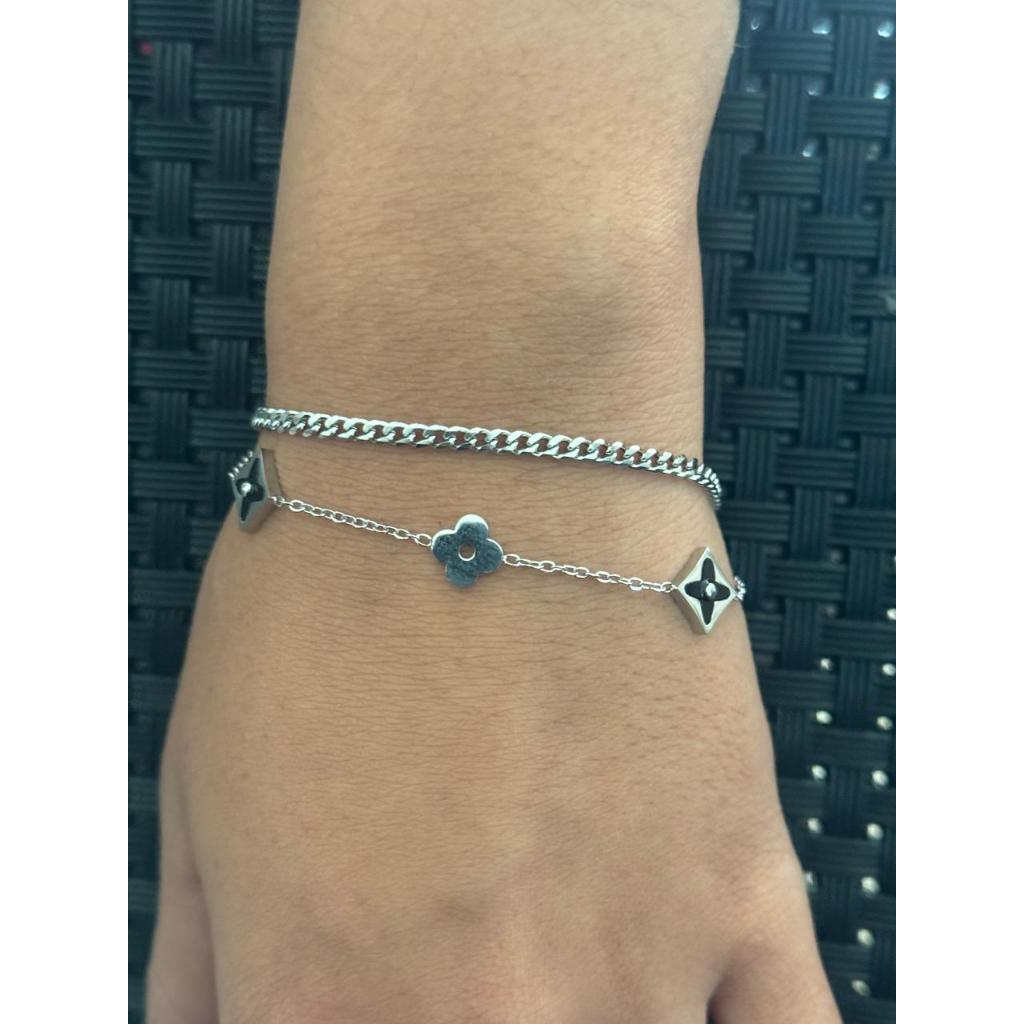 Pulseira Feminina Dupla Elo e Pingentes Flor de Aço