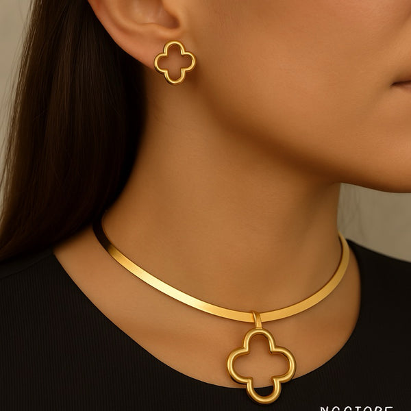 Colar Gargantilha e Brincos Trevo - Elegância Minimalista com Toque de Sofisticação