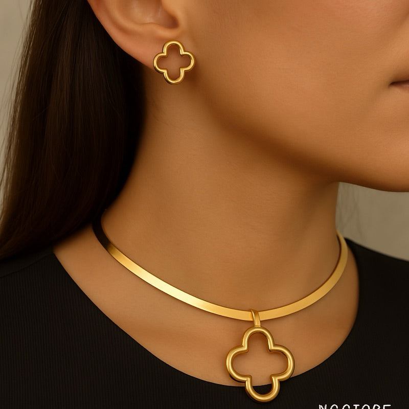 Colar Gargantilha e Brincos Trevo - Elegância Minimalista com Toque de Sofisticação