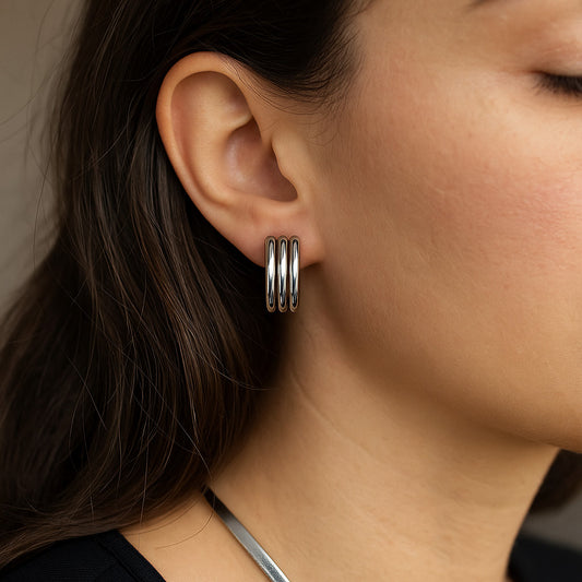 Argola feminina três aro -  Aço Inoxidável Prateado