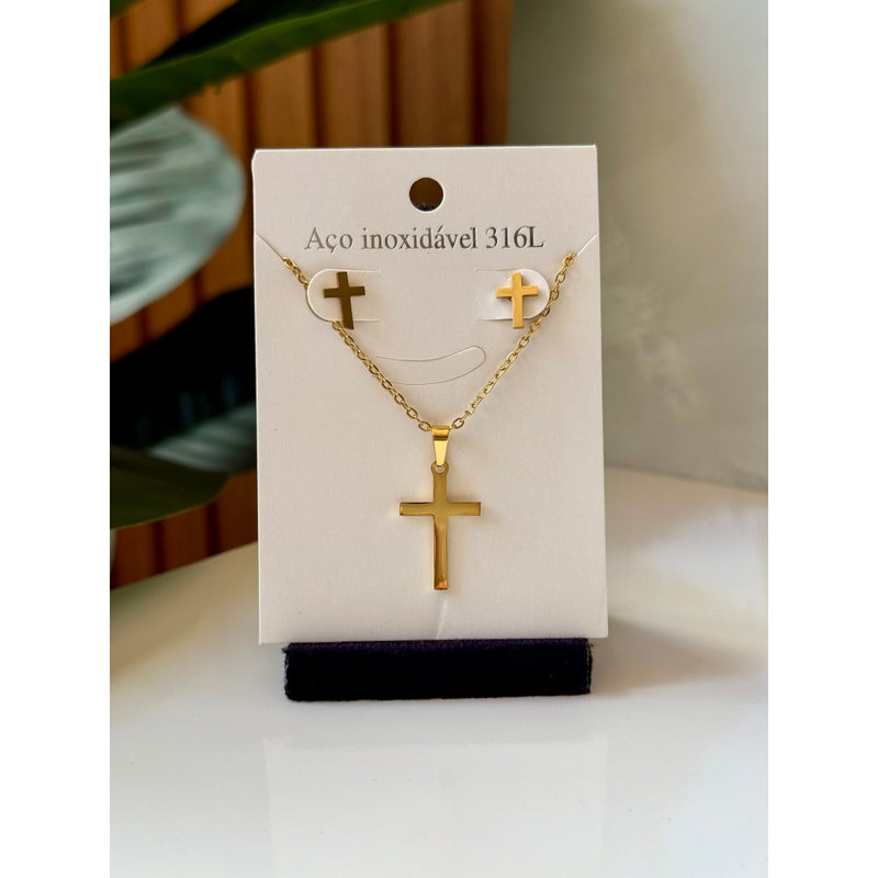 Colar feminino crucifixo Elegância Divina - Colar e Brincos em Aço Inoxidável