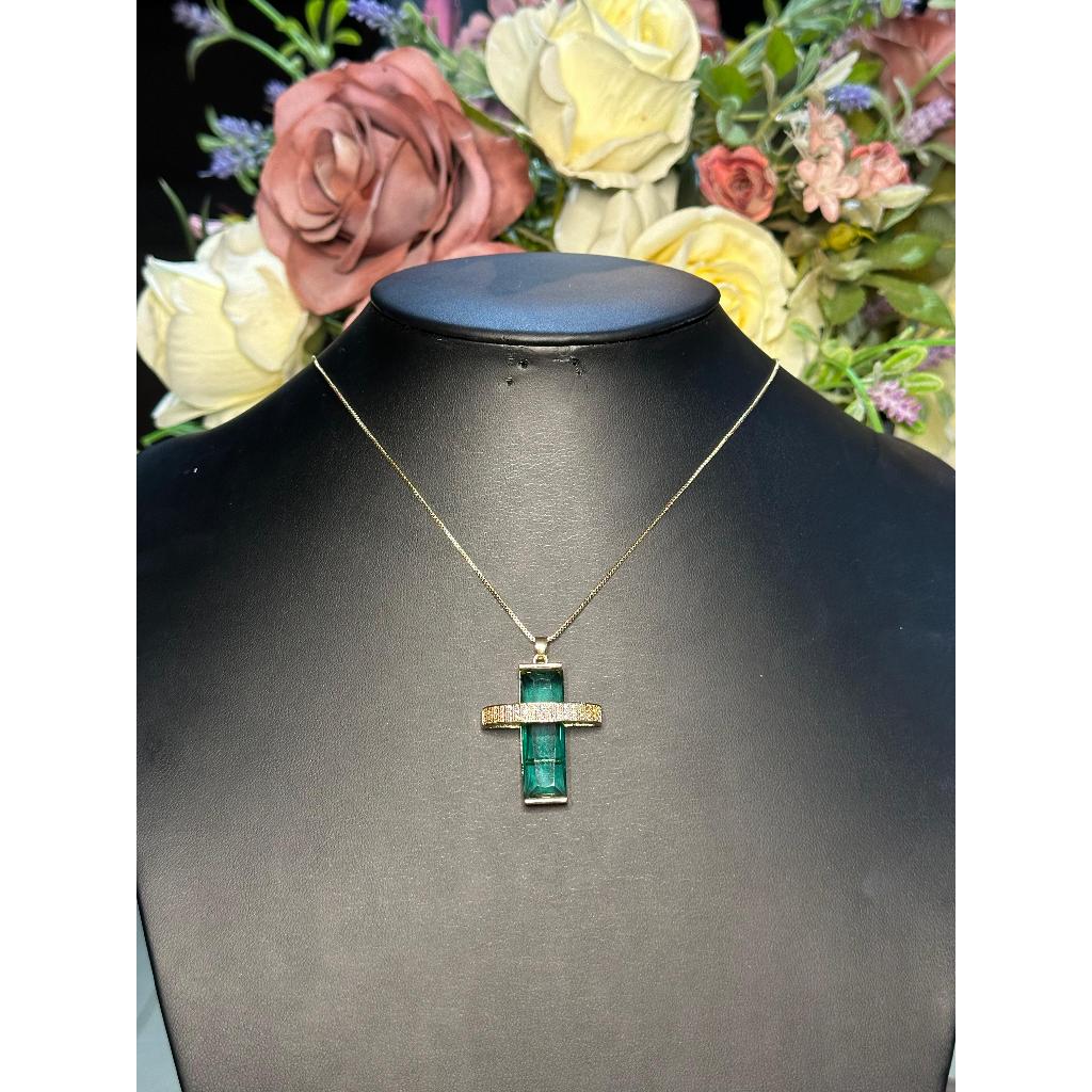 Colar feminino crucifixo pedras coloridas