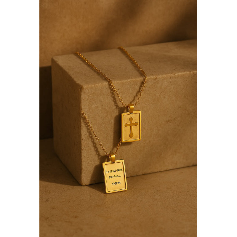 Colar Proteção Dourado – “Livrai-nos do mal. Amém.” - aço inoxidável