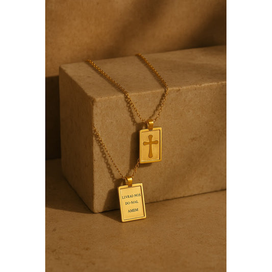 Colar Proteção Dourado – “Livrai-nos do mal. Amém.” - aço inoxidável