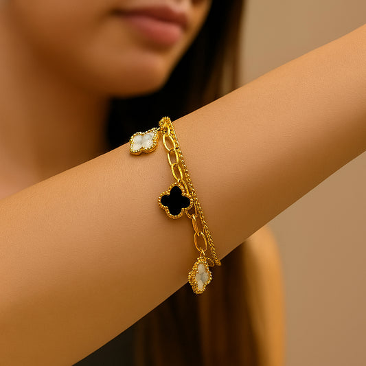 Pulseira feminina dupla Trevo - Aço Inoxidável