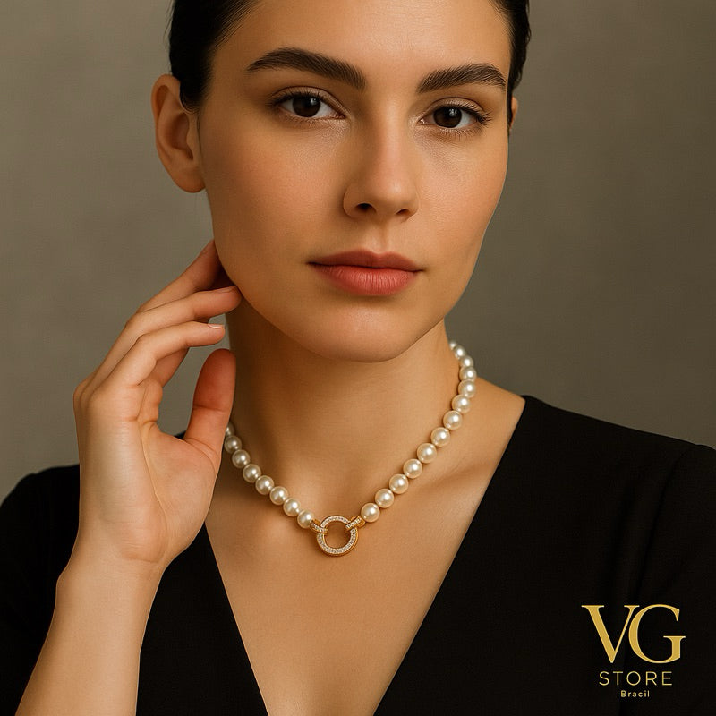 COLAR FEMININO COM PEROLAS - Banhado ouro 10k ou prata 925