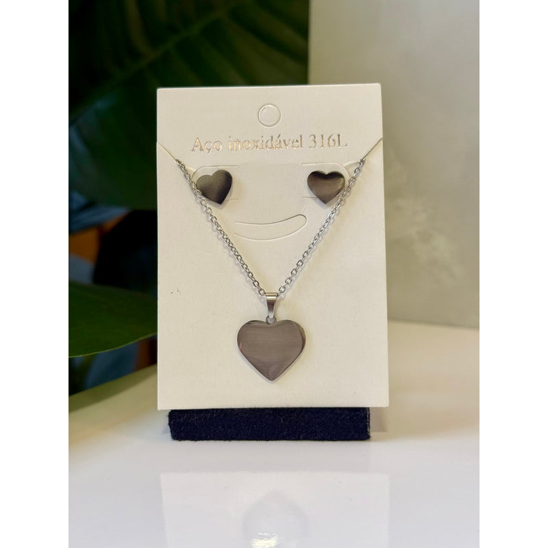 Colar feminino com brinco Coração em Aço Inoxidável 316L – Amor e Sofisticação em Cada Detalhe