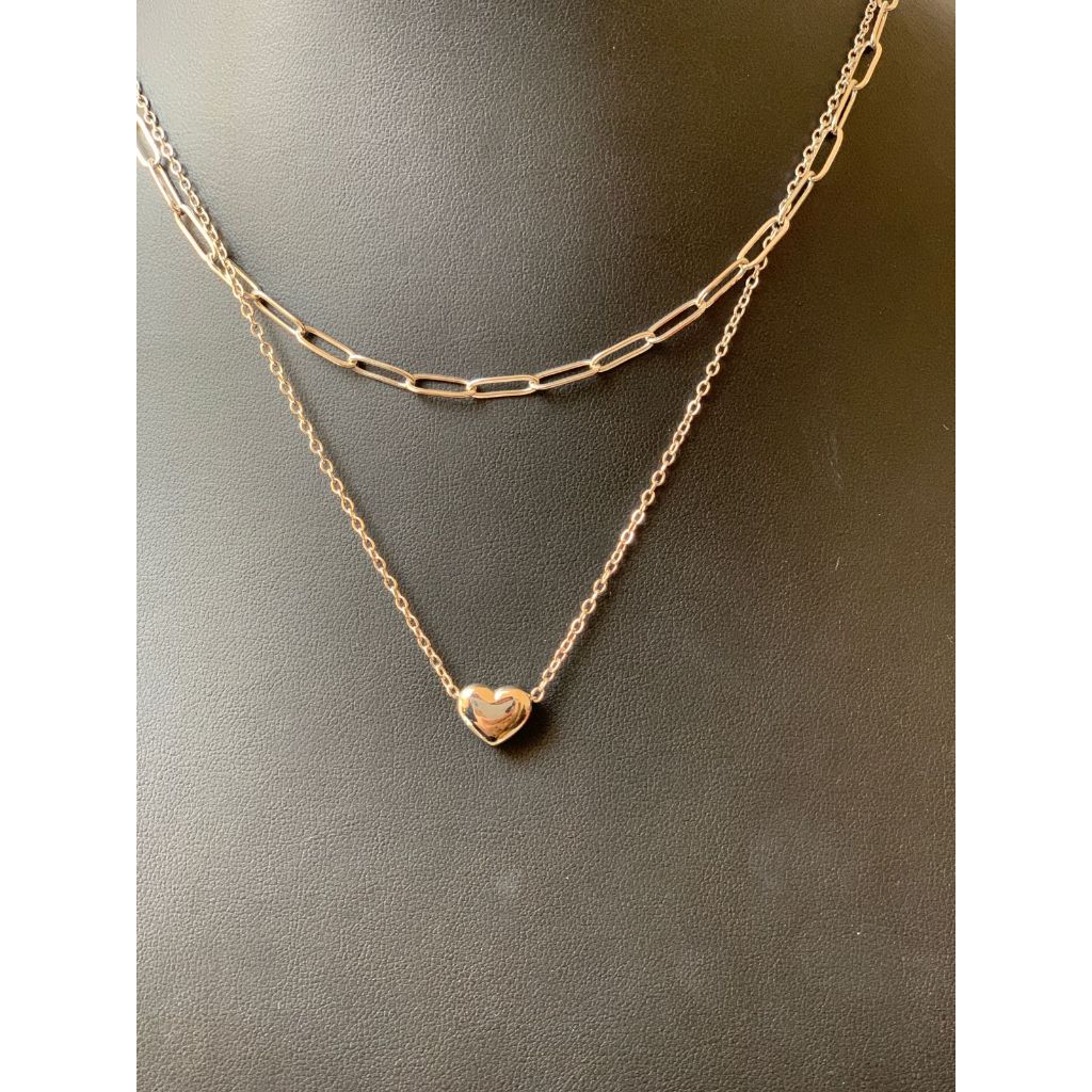 Colar Feminino Duplo em Aço Inoxidável com Coração Polido
