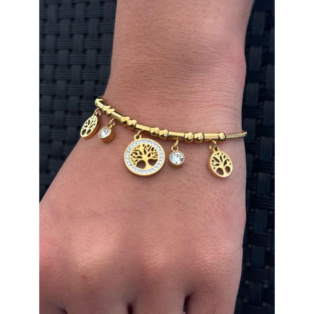 Pulseira Feminina em Aço Inoxidável Dourado Arvore Da Vida