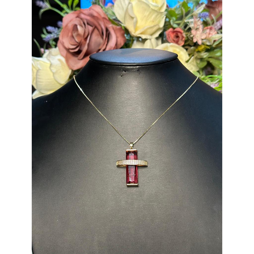 Colar feminino crucifixo pedras coloridas