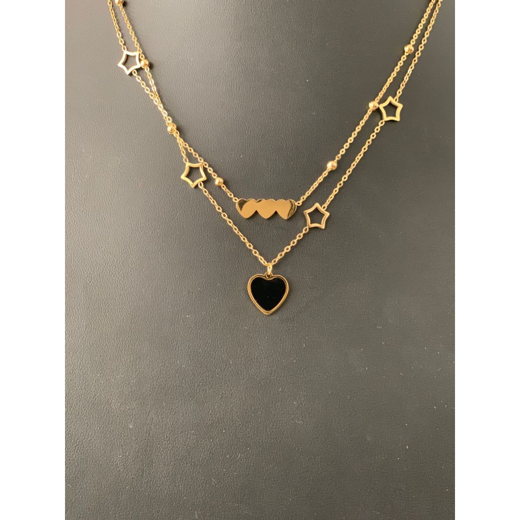 Colar Feminino Duplo Corações e Estrelas – Aço Inoxidável
