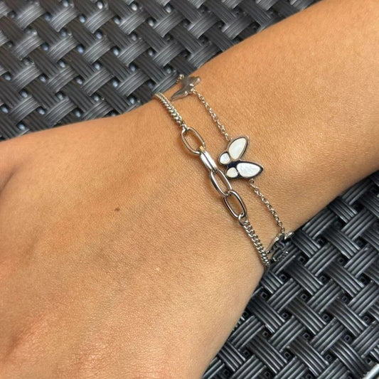 Pulseira feminina dupla borboleta – Aço Inoxidável Prateado