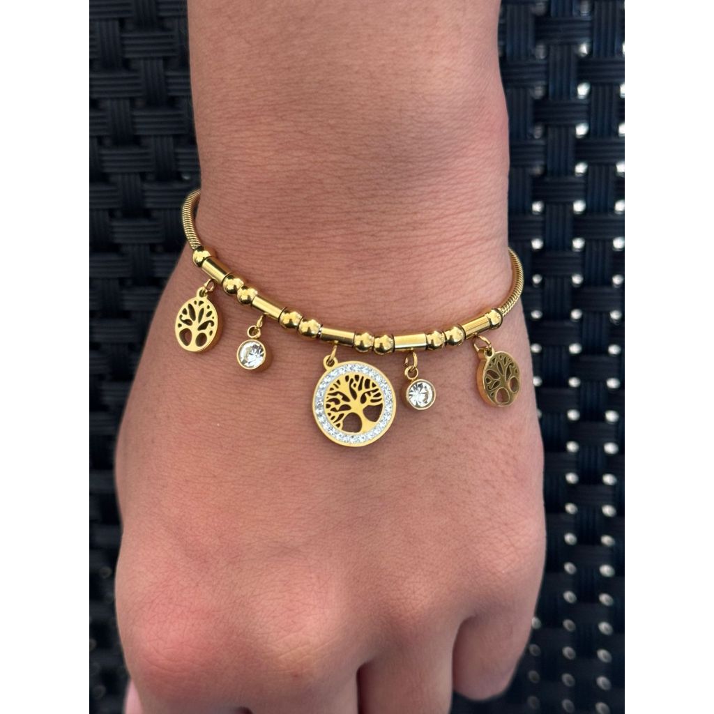 Pulseira Feminina em Aço Inoxidável Dourado Arvore Da Vida