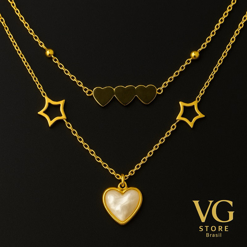 Colar feminino duplo corações e estrelas - Aço Inoxidável