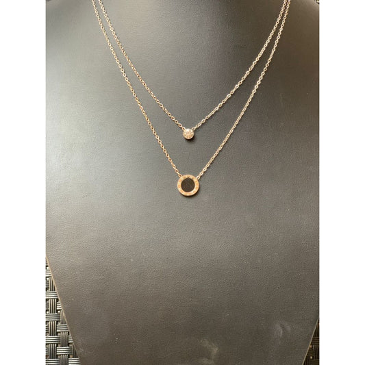 Colar feminino duplo com pedra e pingente circular esmaltado Aço Inoxidável