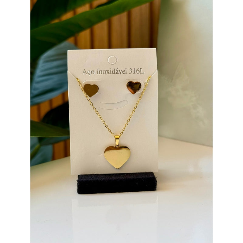 Colar feminino com brinco Coração em Aço Inoxidável 316L – Amor e Sofisticação em Cada Detalhe